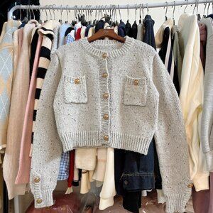 Oatmeal Knit Cardigan Gold Buttons Vintage Style
